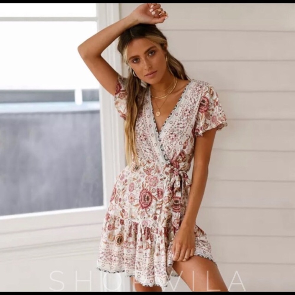 🤩Boho Print Wrap Dress Cream Dusty Pink